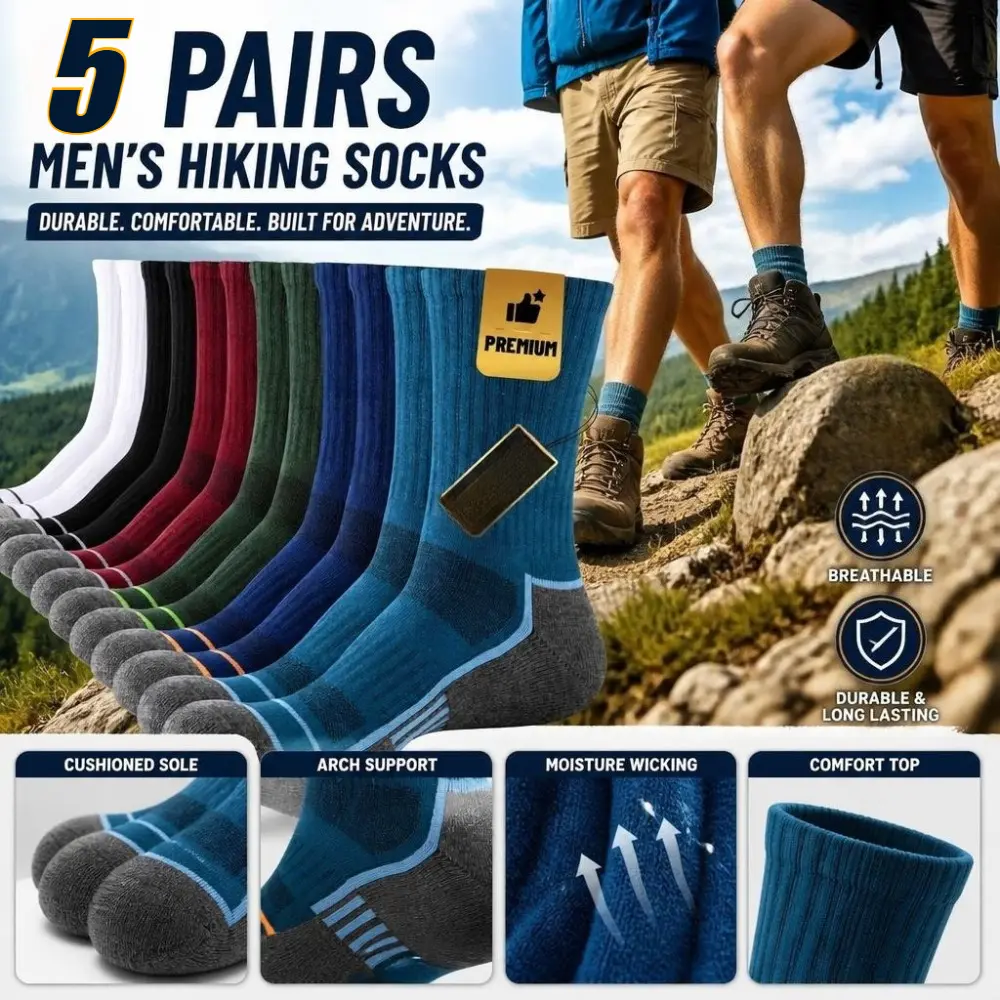 5Pairs Premium Mens Crew Socks, Reinforced Heel Toe Athletic Socks for Men, Soft Breathable Comfortable Mid Calf Sports Socks for Running Work Daily, Multicolor