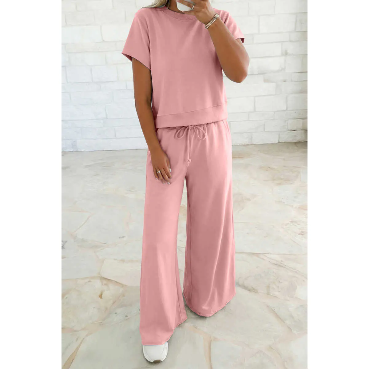 Light Pink Solid Color Loose Tee Drawstring Wide Leg Pants 2pcs Outfit