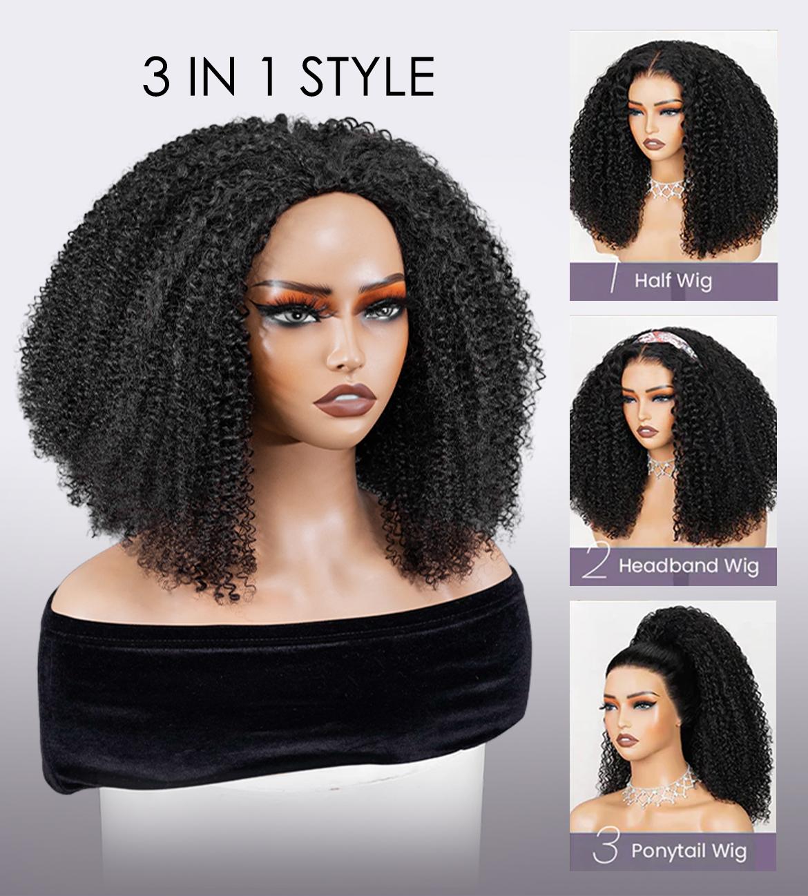 [WEAR GO HALF WIG] Wavymy Invisible Hairline Upgrade Drawstring Half Wig Kinky Straight Flip Over Wig For Beginner,100% Virgin Hair, 3 In 1 Fit for 3 Hairstyles