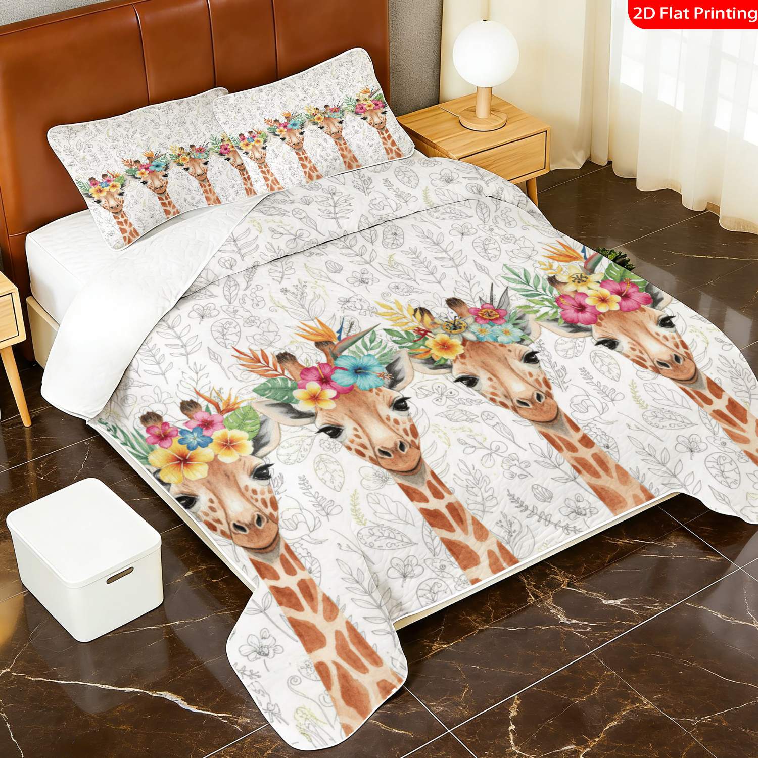 3 pcs, 2D flat print Watercolor Giraffe Floral Crown Bed Cover Set, Multiple Sizes Available, Bedding Set, All Seasons, Gift for Loved Ones(1 bedspread , 2 pillowcases)