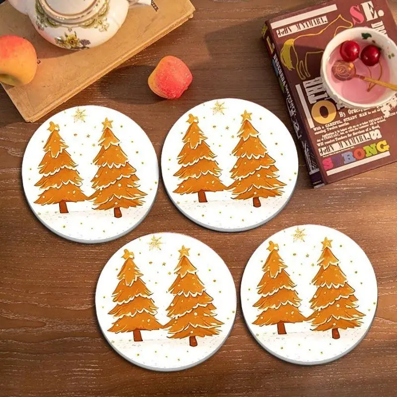Warm Brown Double Christmas Tree Round Coasters (Set of 4) - Water Absorbent, Heat Insulation Drink Mats for Home Dining Table, Car Cup Holders - Winter Snowflake Xmas Decor Accessory, Round Shape, Circular Gloss Acrylic Paint Hot Rod Red july, Pack Of 2