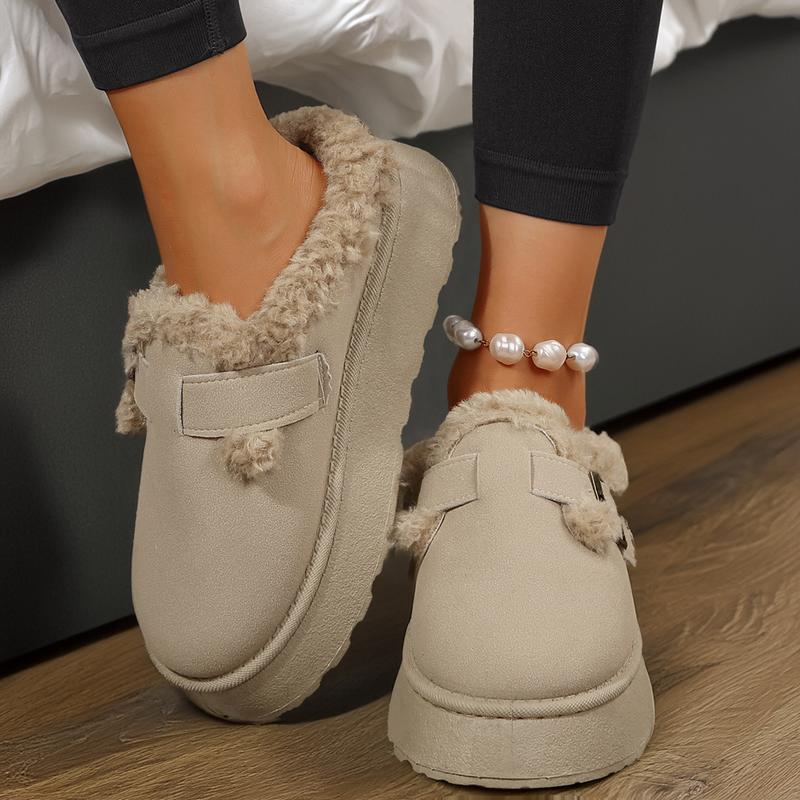 Women's Soft Plush Slip-On Slippers With Buckle Warm Lined Anti-Slip Flat Sole Fashion Wear For Fall Winter