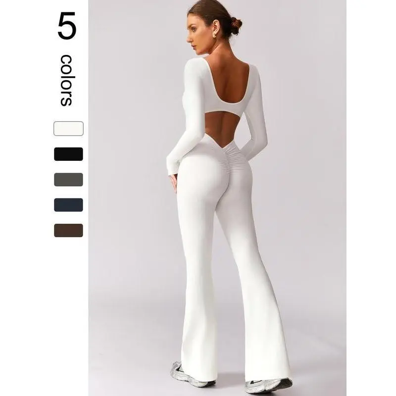 Women's Solid Cut Out Backless Ruched Sports Jumpsuit with Long Sleeves, Scoop Neck, Athletic Clothes for Yoga Gym Workout, 90s Style