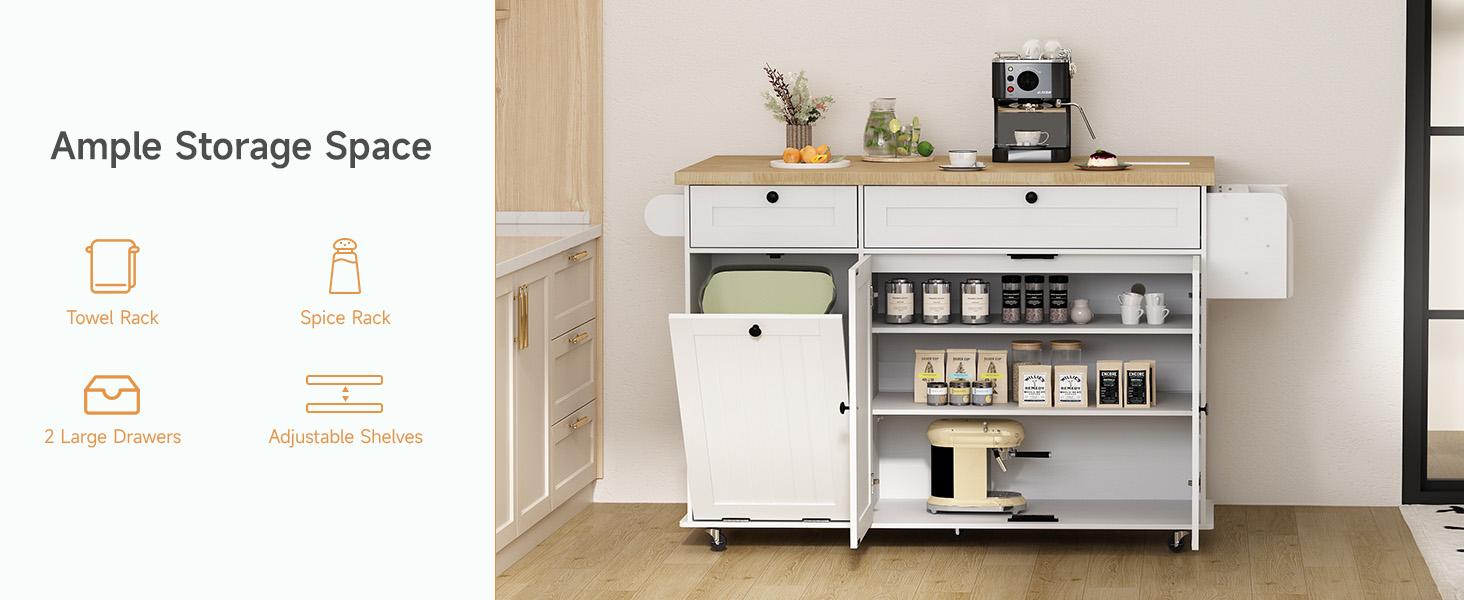 【SPOTLIGHT DAY】ONBRILL 60" Kitchen Island with Power Outlet & Drop Leaf, Kitchen Rolling Island with Spice Rack & Towel Rack, Knife Holder, Kitchen Island Cart with Trash Storage Cabinet, Mobile Island Table for Kitchen