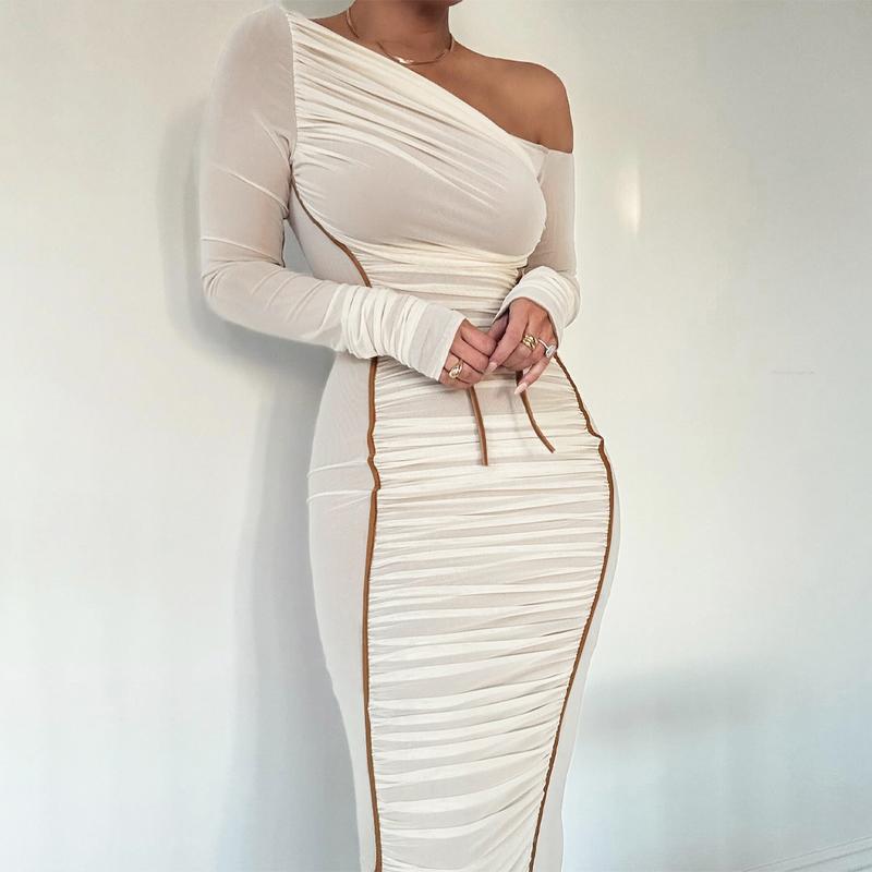 Women's Striped Ruched Asymmetrical Neck Bodycon Dress, Elegant Long Sleeve Dress for Parties, Clubs and Dates, Women's Clothing for Spring & Fall