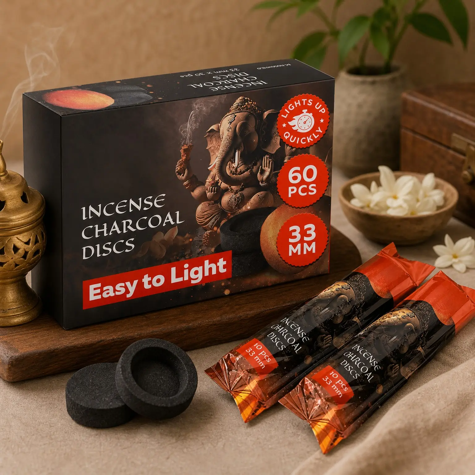60 pcs 33 mm Quick Light Charcoal Discs for Incense Burning – Instant Fire Coal Tablets for Resin Burner RollsGift
