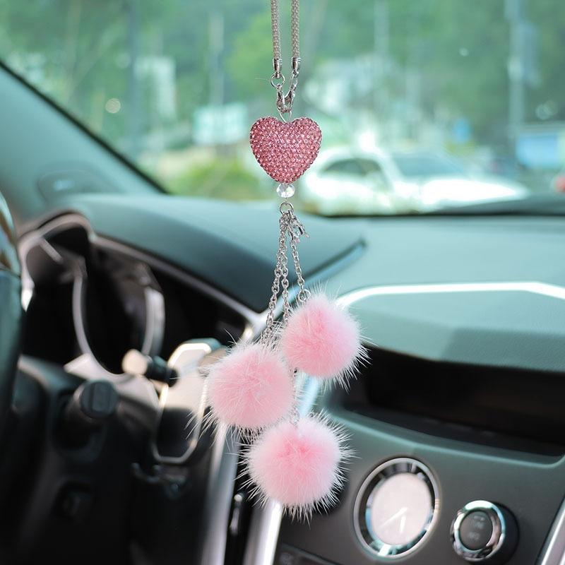 Fluffy Heart Rearview Mirror Charm, Cute Fuzzy Car Accessories for Women, Aesthetic Car Interior Hanging Decoration, Gift for Her
