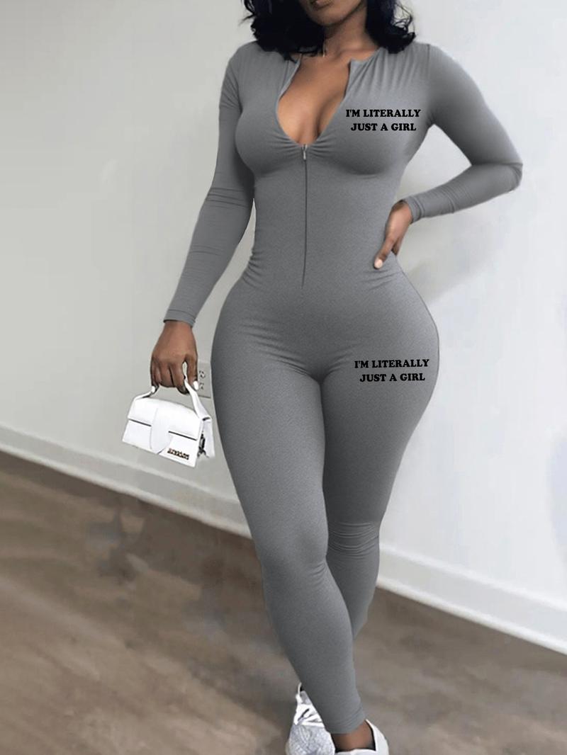 Women's Plain Tight-Fit Zipper Jumpsuit, Long Sleeve Casual Romper, Spring & Fall Fashion, Comfortable One-Piece
