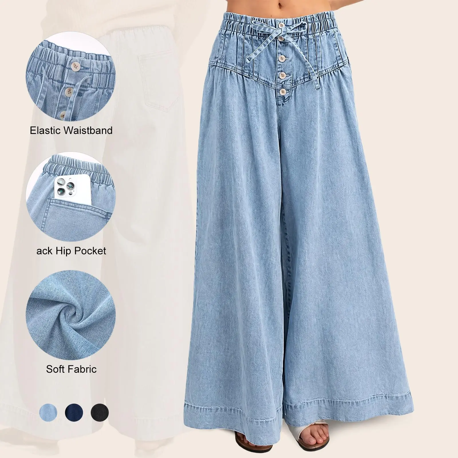 Imily Bela Boho Vintage Wide Leg Jeans for Women - Elastic Waist Button Fly Denim Palazzo Pants with Back Pockets