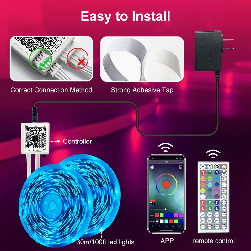 QIANGHE 100ft Music Sync LED Strip Lights RGB Color Changing with Remote & APP Control for Bedroom Home Decoration 16 Million Colors Cuttable Easy Install