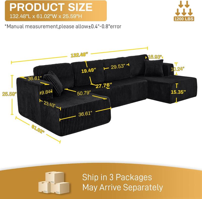 [3 Packs Shipped] [2 Free Pillows] Niccae Large U-Shaped Sectional Sofa, Compressed Corduroy, Modern Living Room Sleeper Sofa, Space-Saving Design (3 Packs Shipped) - Convertible Corduroy Sectional Sofa