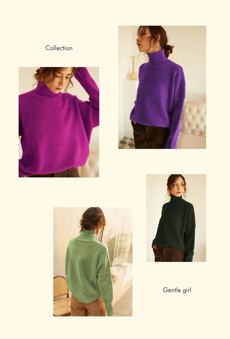 Autumn Winter Women's Sweater, High Neck Loose Casual French Style Knitwear, Elegant Simple Solid Color Pullover, Long Sleeve Knit Top