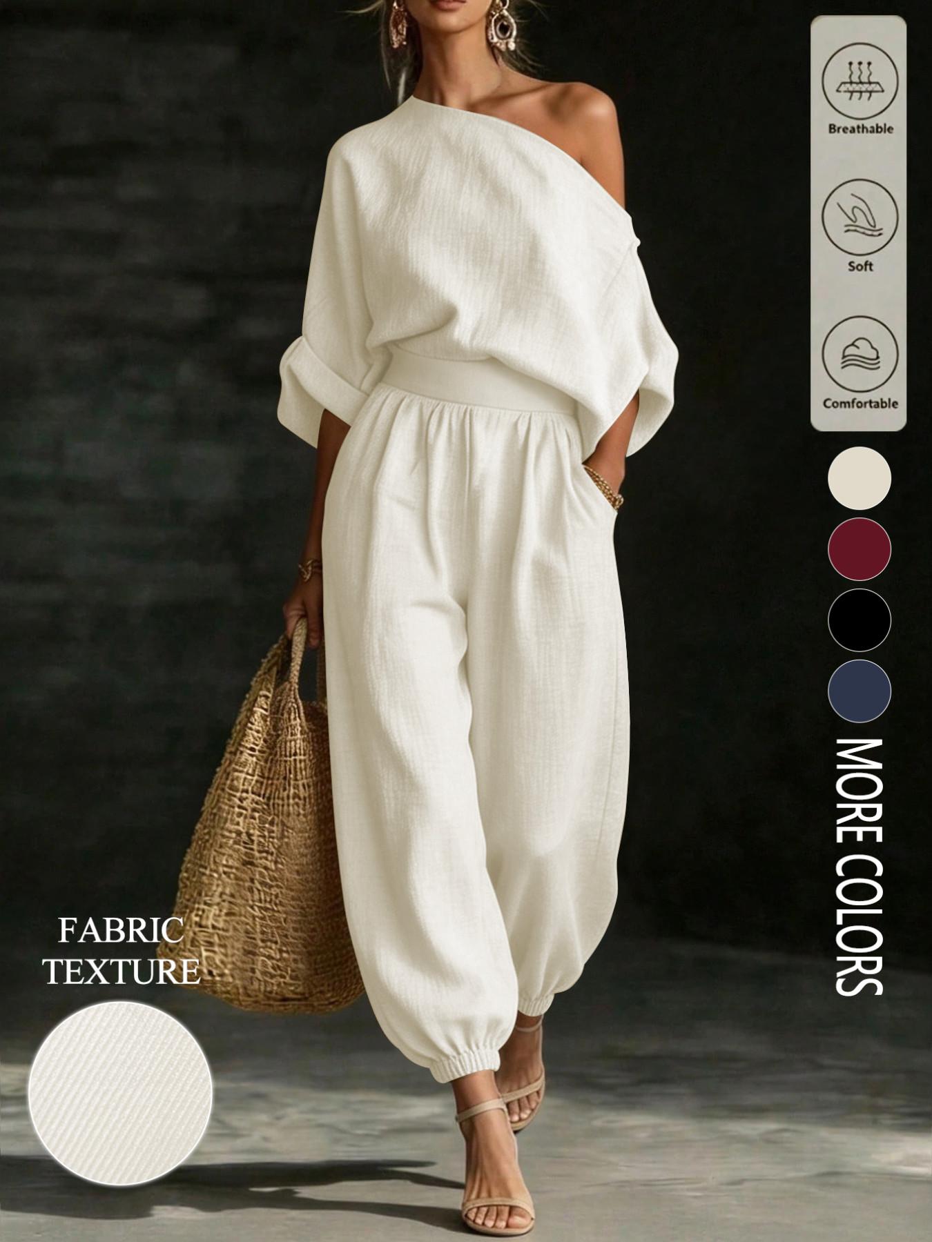 Women's solid color casual asymmetrical neck top paired with elastic waist trousers, a country-style two-piece set, Everyday suitable for daily commuting and all seasons.