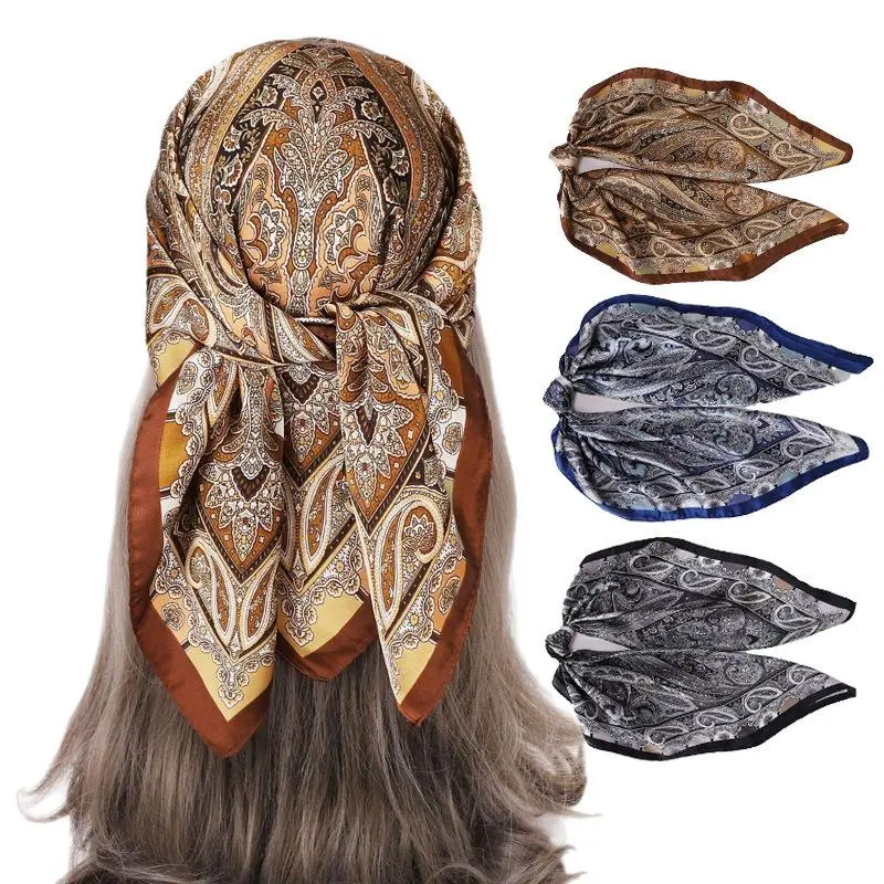 Bohemian paisley pattern square scarf, vintage style women's headscarf, everyday fashion accessory, fashionable hair scarf, light and soft imitation silk satin scarf, mature style headscarf, silk textured square scarf