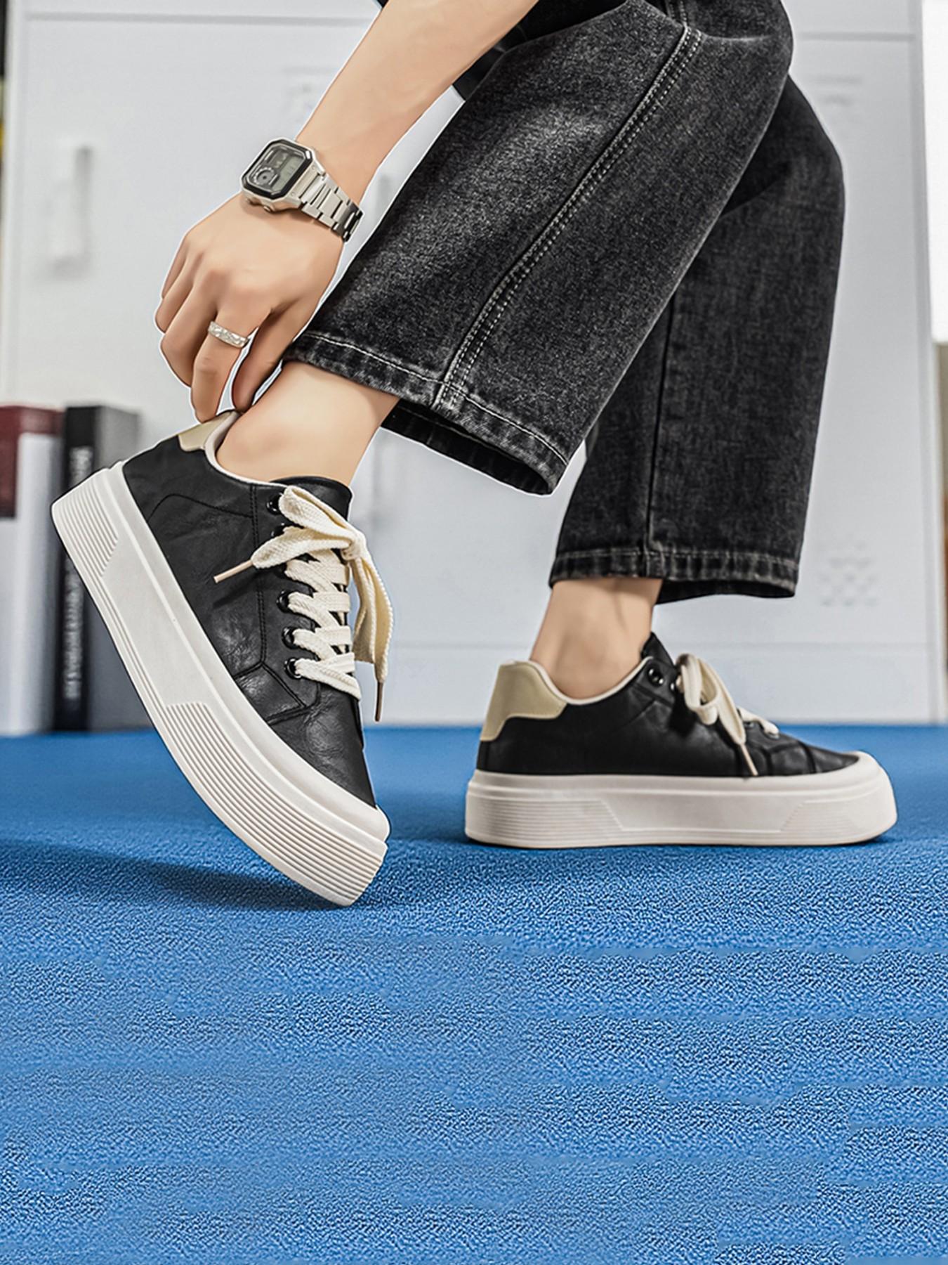 Men's Vintage Low Top Casual Shoes, Olive Patchwork Thick Sole Board Sneakers, Soft Anti-Slip Height-Increasing Shoes, Fall Winter 2026