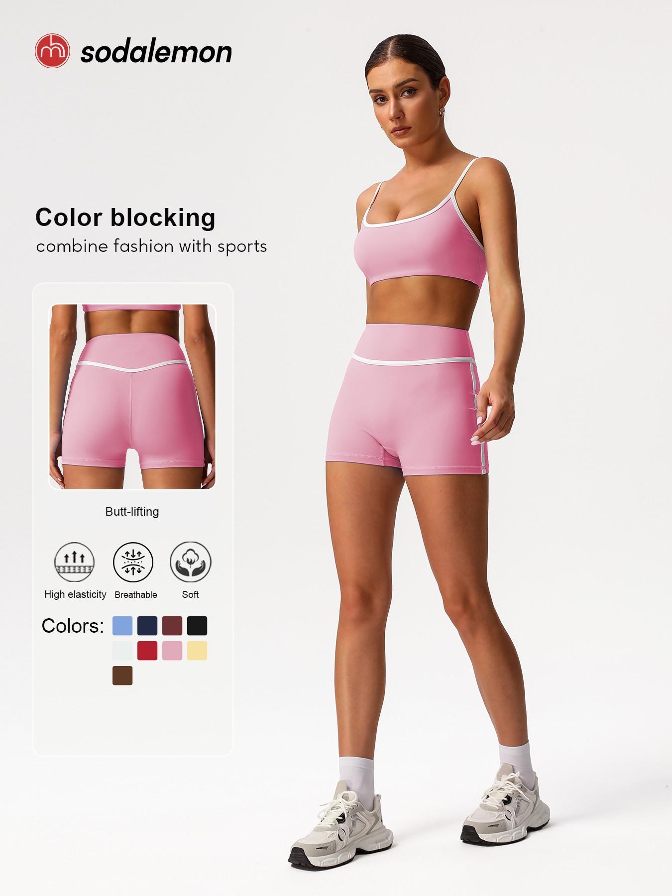 Sodalemon Two-Piece Set Women's Solid Crop Sports Bra & High Waist Skinny Shorts Tracksuit Set, Breathable Comfortable Sports Outfits for Yoga Gym Workout Running, Ladies Sportswear for All Seasons