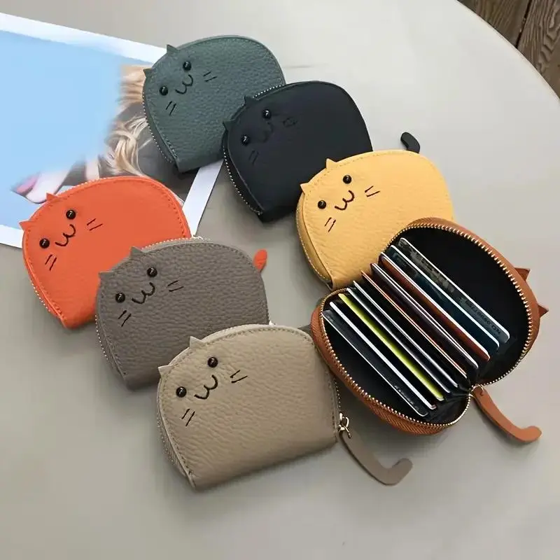 Cute Cartoon Cat Shaped Women Wallet, Faux Leather Multi‑Card Slots Coin Purse, Creative Portable ID Card Holder Fashion Small Pouch for Daily Casual Storage