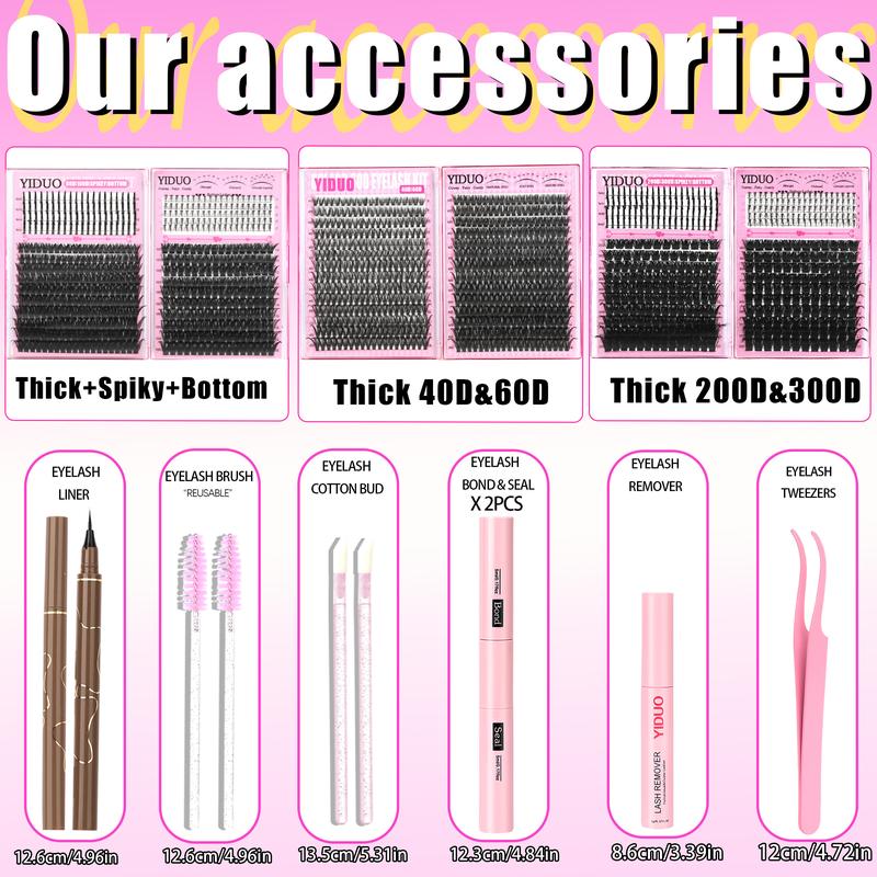 8-Style Volume D-Curl Eyelash Cluster Kit - 1520-Piece, 40D-300D & Bottom/Spiky Styles - Eyelash Extensions Kit with Lash Bond & Seal, Tweezers, Remover, Eyeliner Pencil & Eyelash Brush - Easy DIY At-Home Eyelash Set