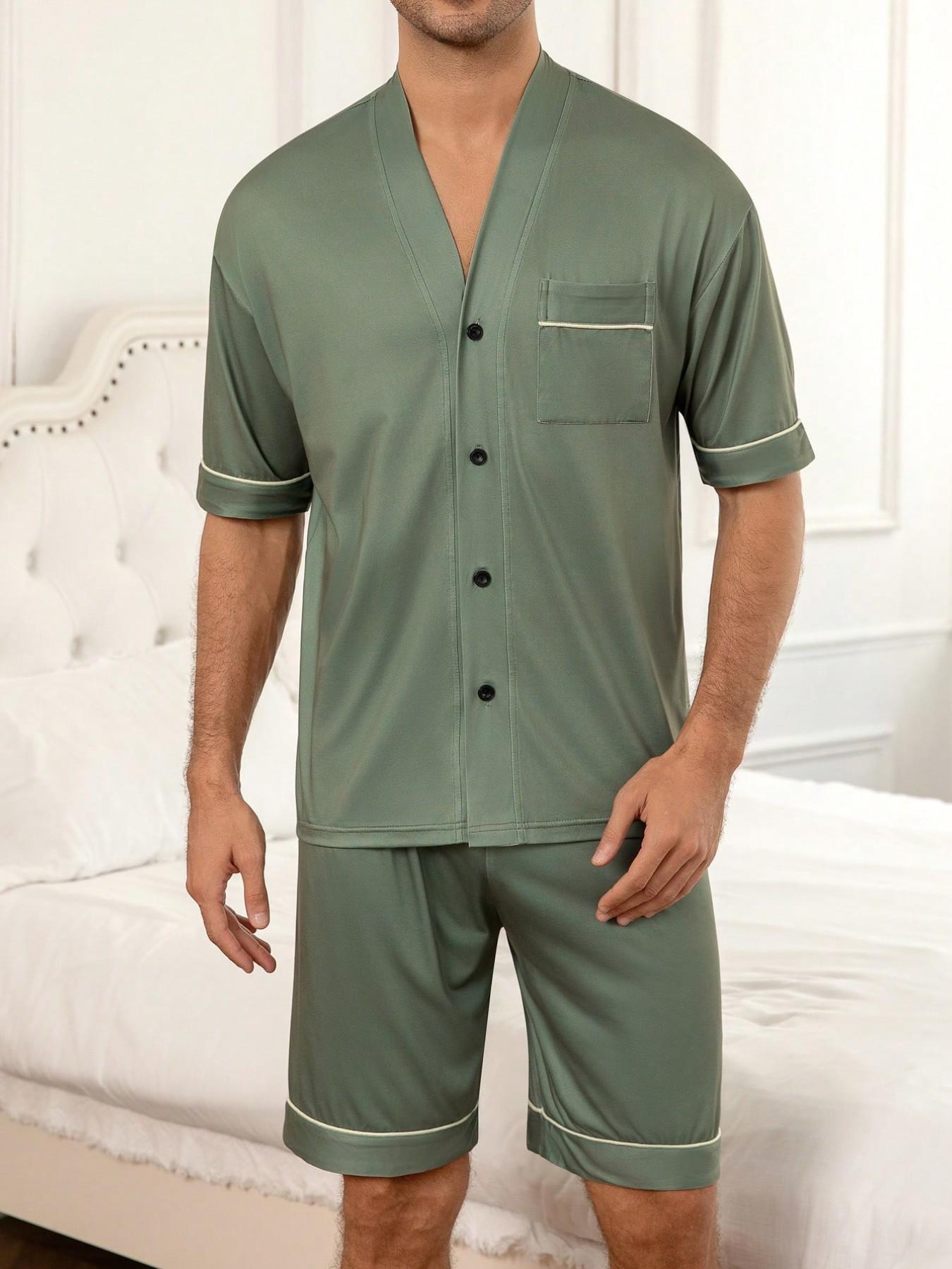 Men's Short Sleeve Pajama Set Pjs Pyjamas Homewear, Solid Color V-Neck Open Front, Contrast Trim with Pockets, Comfortable Sleepwear Loungewear Two-Piece Set