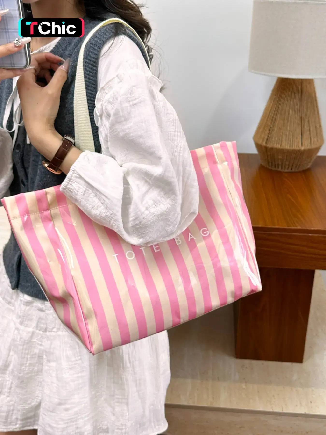 New Fashion Striped Tote Bag, Waterproof PVC, Spacious Shoulder & Crossbody Bag, Perfect for Summer Commute & Vacation, All-Season Versatile Handbag