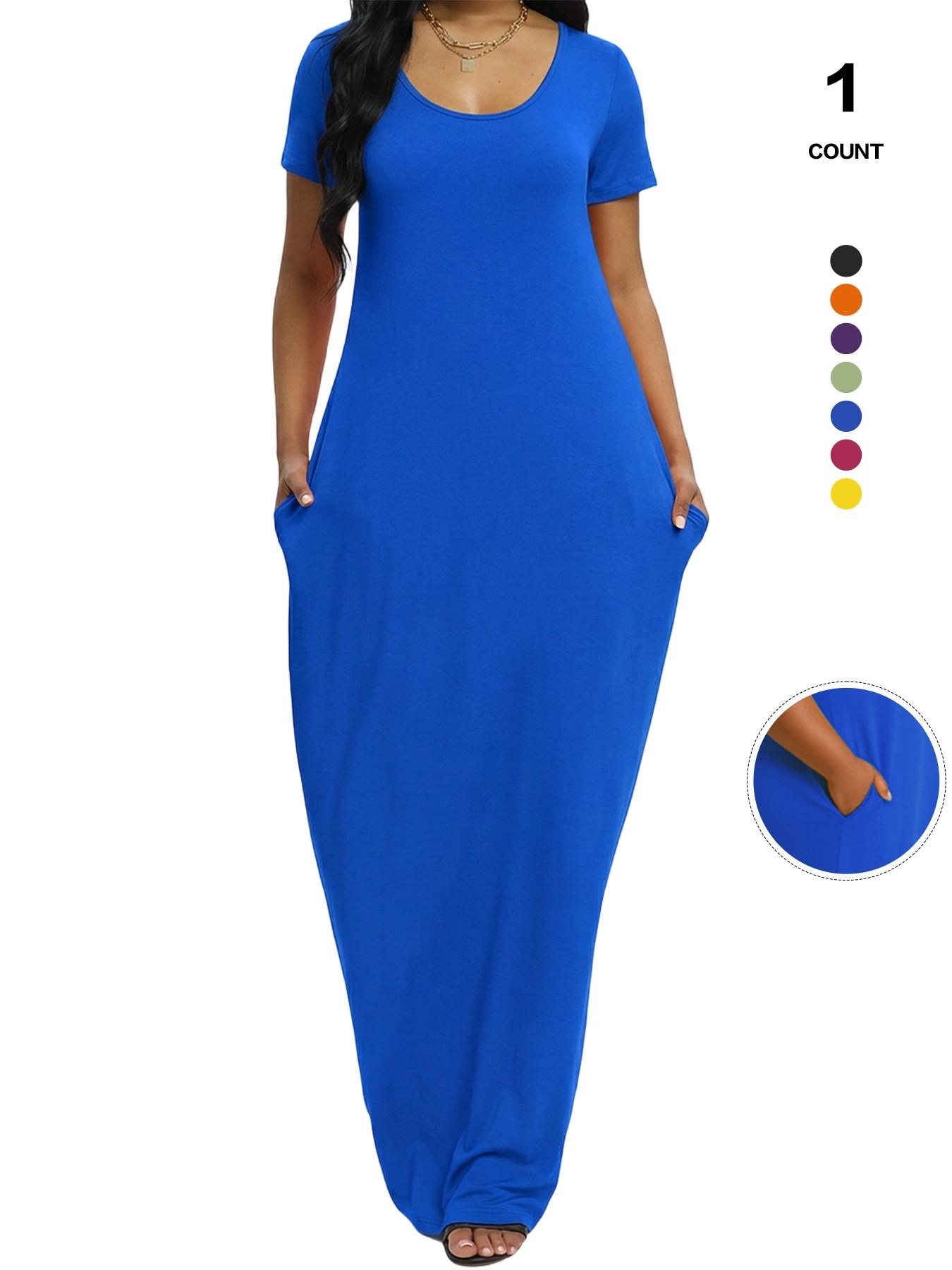 Plus Size Women's Solid Color Dress, Sexy Round Neck Short-Sleeved Long Dress, European and American Summer New Arrival, Casual Style