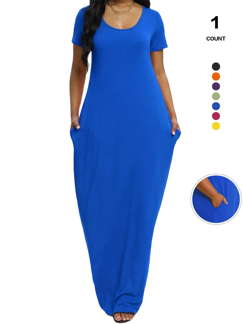Plus Size Women's Solid Color Dress, Sexy Round Neck Short-Sleeved Long Dress, European and American Summer New Arrival, Casual Style