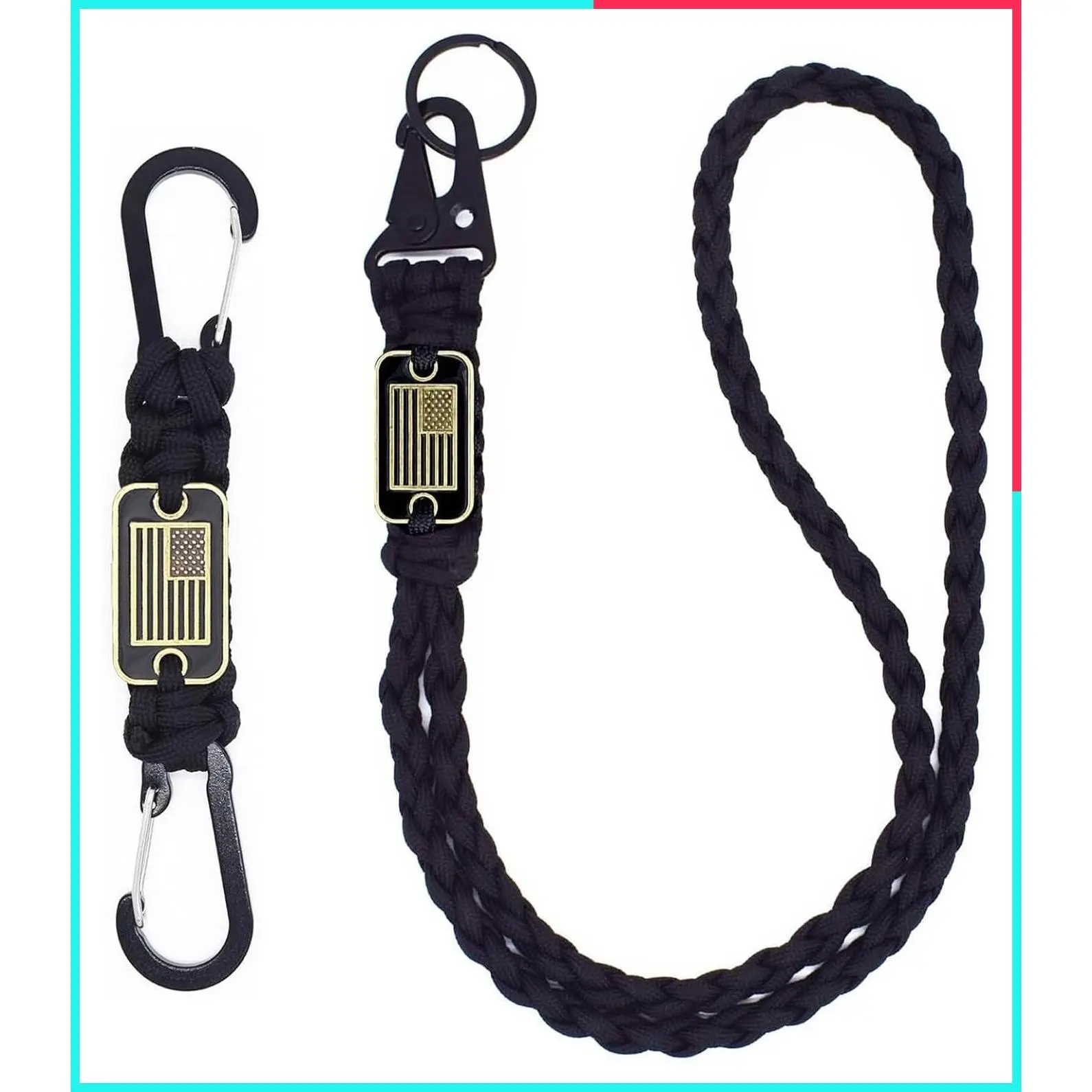 Heavy Duty Braided Paracord Lanyard Keychain with USA Flag - Outdoor Paracord Rope Necklace for Camping, Hiking, EDC