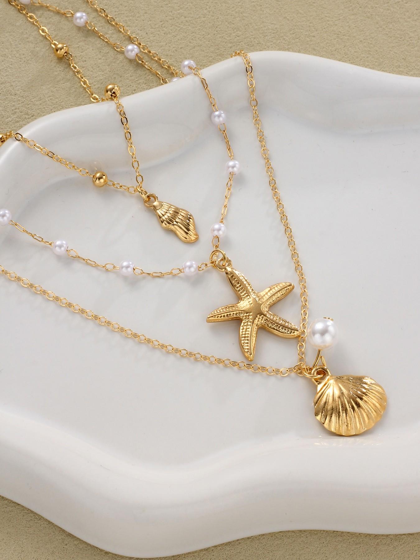 3-Piece Women's Fashion Pendant Necklace Set, Luxurious Boho Style, Pearl Star Design, Perfect for Daily Wear, Parties, Gifts