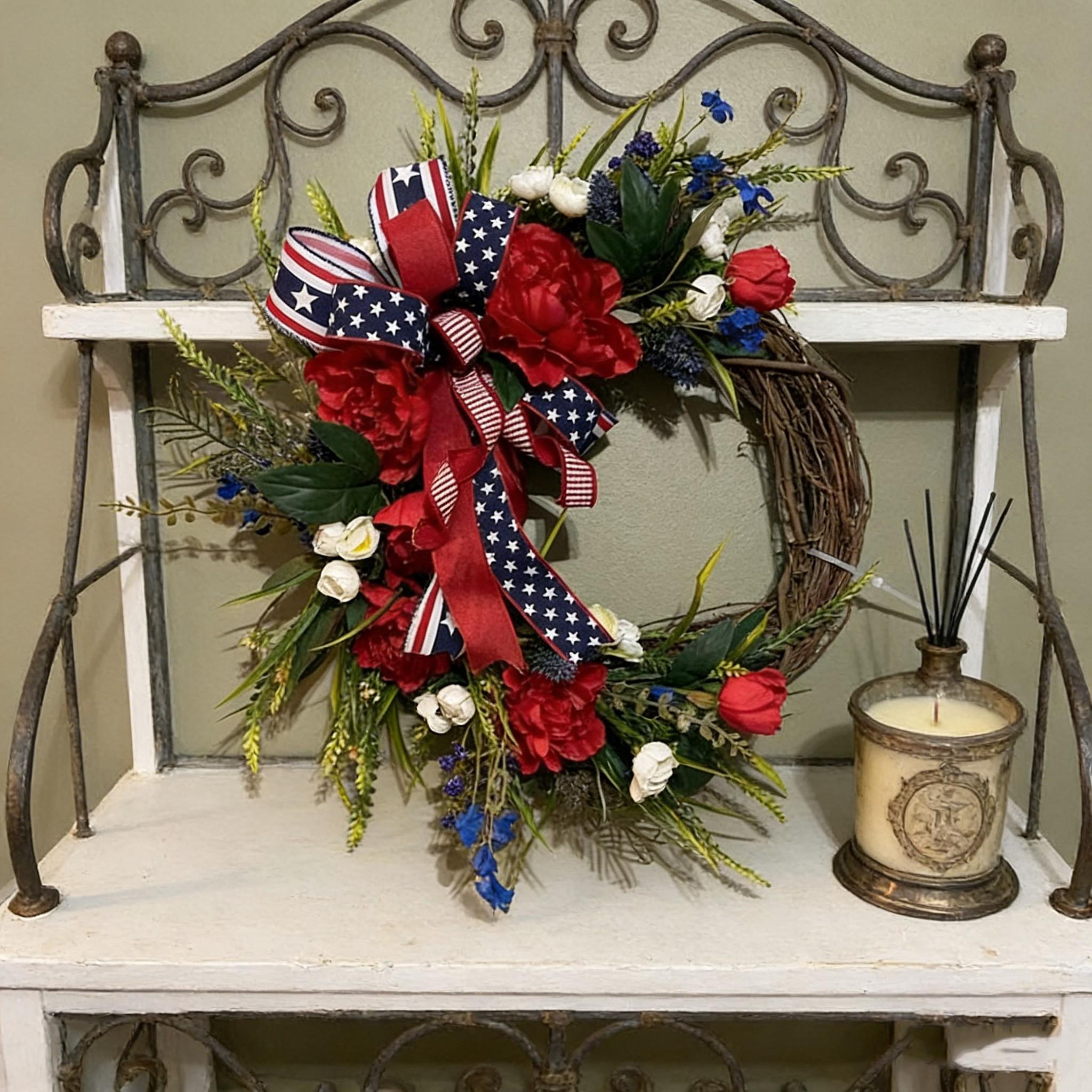 Patriotic July 4th Wreath, Peony and Mixed Flowers with Patriotic Bow, Independence Day Farmhouse Porch Decor, Artificial Floral Arrangement