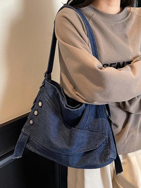 Retro denim messenger bag, old washing process, unique tailoring button design, casual fashion and versatile colors are optional, lazy style personality denim messenger bag, suitable for daily travel, etc., Denim shoulder bag, Crossbody shoulder bag