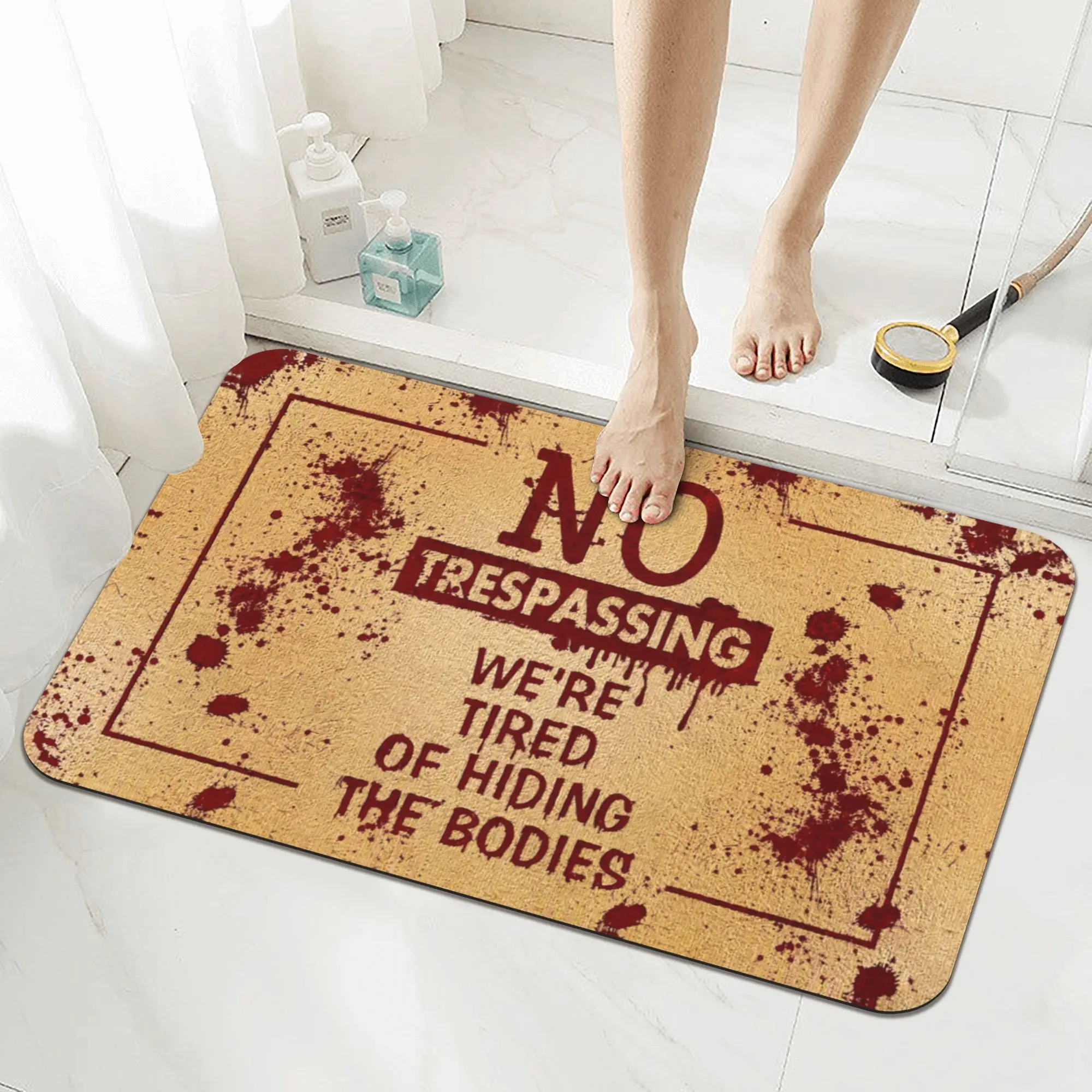 Halloween Bath Doormat, No Trespassing We're Tired of Hiding The Bodies Blood Splatter Vintage Warning Sign Print Non‑Slip Absorbent Indoor Rug, Creepy Funny Spooky Front Door Mat, Fall Holiday Home Decor