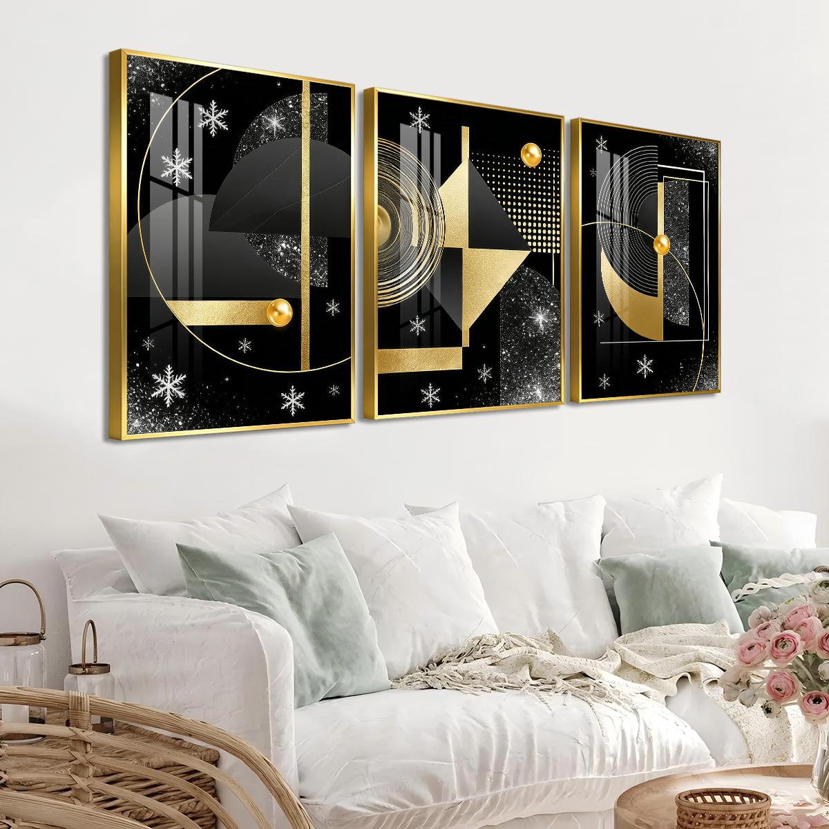 3 Counts Aluminum Alloy Framed Painting, Geometric Gold And Black Abstract Art Pictures, Home Decoration For Living Room, Bedroom, Office, Restaurant, Hallway Wall Decor, Odorless Print Artwork, Luxury Perfect Gift For Friends And Family
