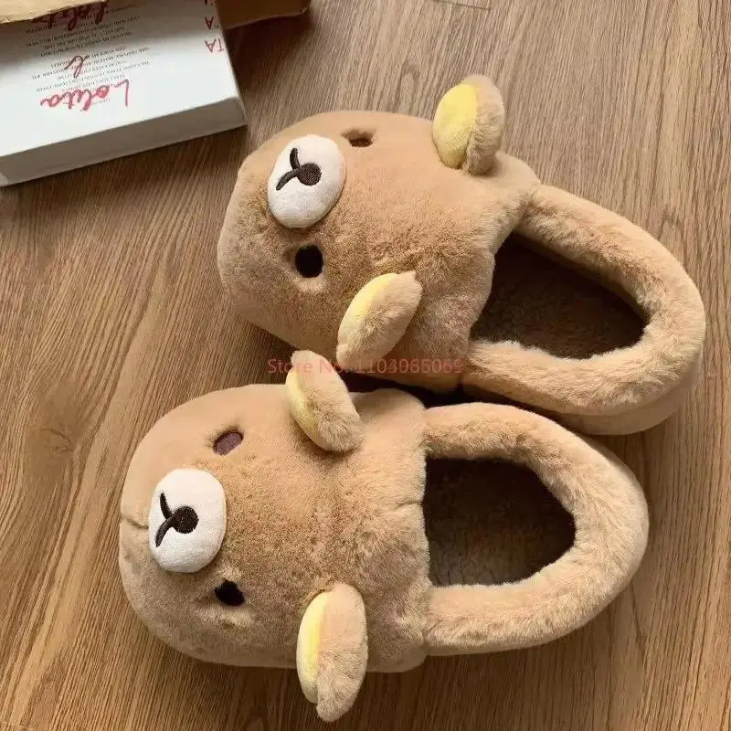 Kawaii Cartoon Rilakkuma Cotton Slippers Cute Winter Outer Wear Couple Non-Slip Home Indoor Warm Slippers Gifts