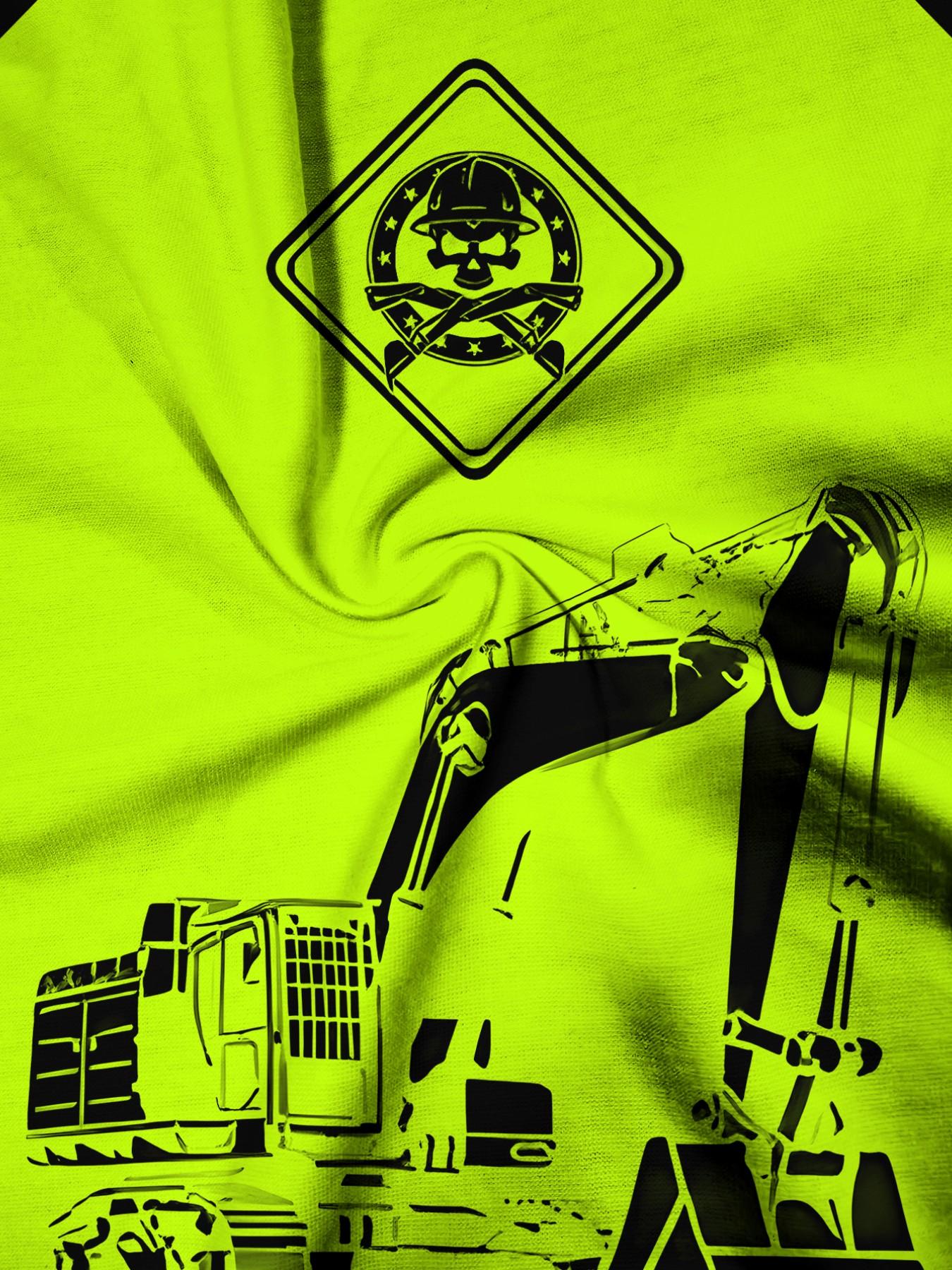 Men's Fluorescent Skull T-Shirt, Construction Worker Style, Half Sleeve, Loose-Fit, Casual Fashion, Long Clothing
