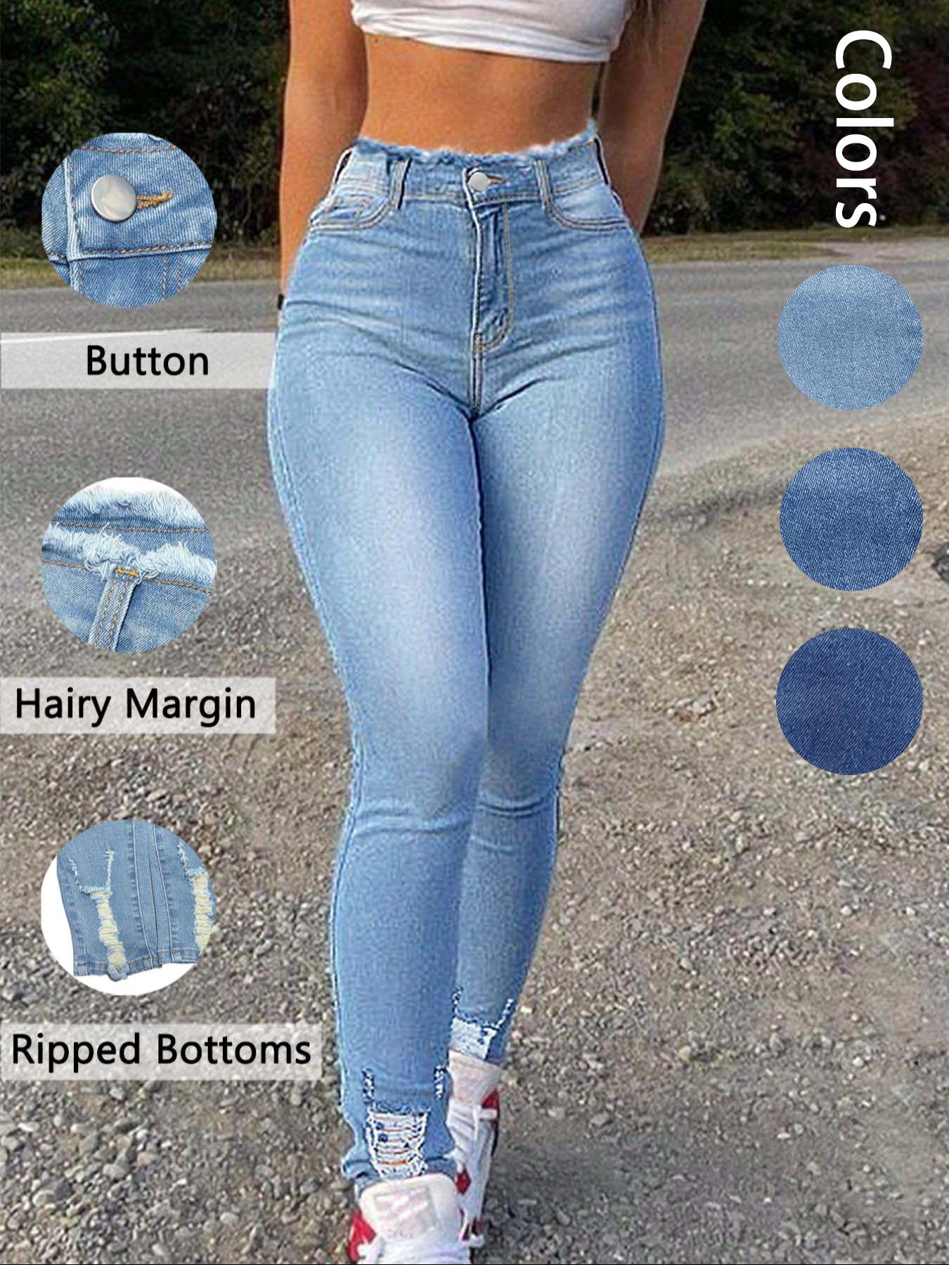 Women's Plain Ripped High Waist Skinny Stretchy Jeans, Fashion Casual Pocket Design High Waisted Design Denim Pants for Daily Outdoor Wear, Ladies Bottoms for Spring & Fall