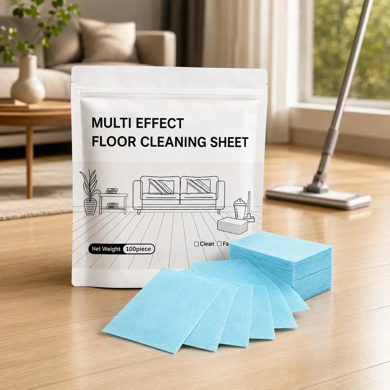 100-Pack Household Multi-Effect Floor Cleaning Tablets, Water-Soluble Mop-Compatible Sheets, Concentrated Dissolvable Slices for Bucket Use on Wood/Tile, Plant-Based, Low Odor, Eco-Friendly, Antibacterial Deodorizing Polish (Home Supplies)