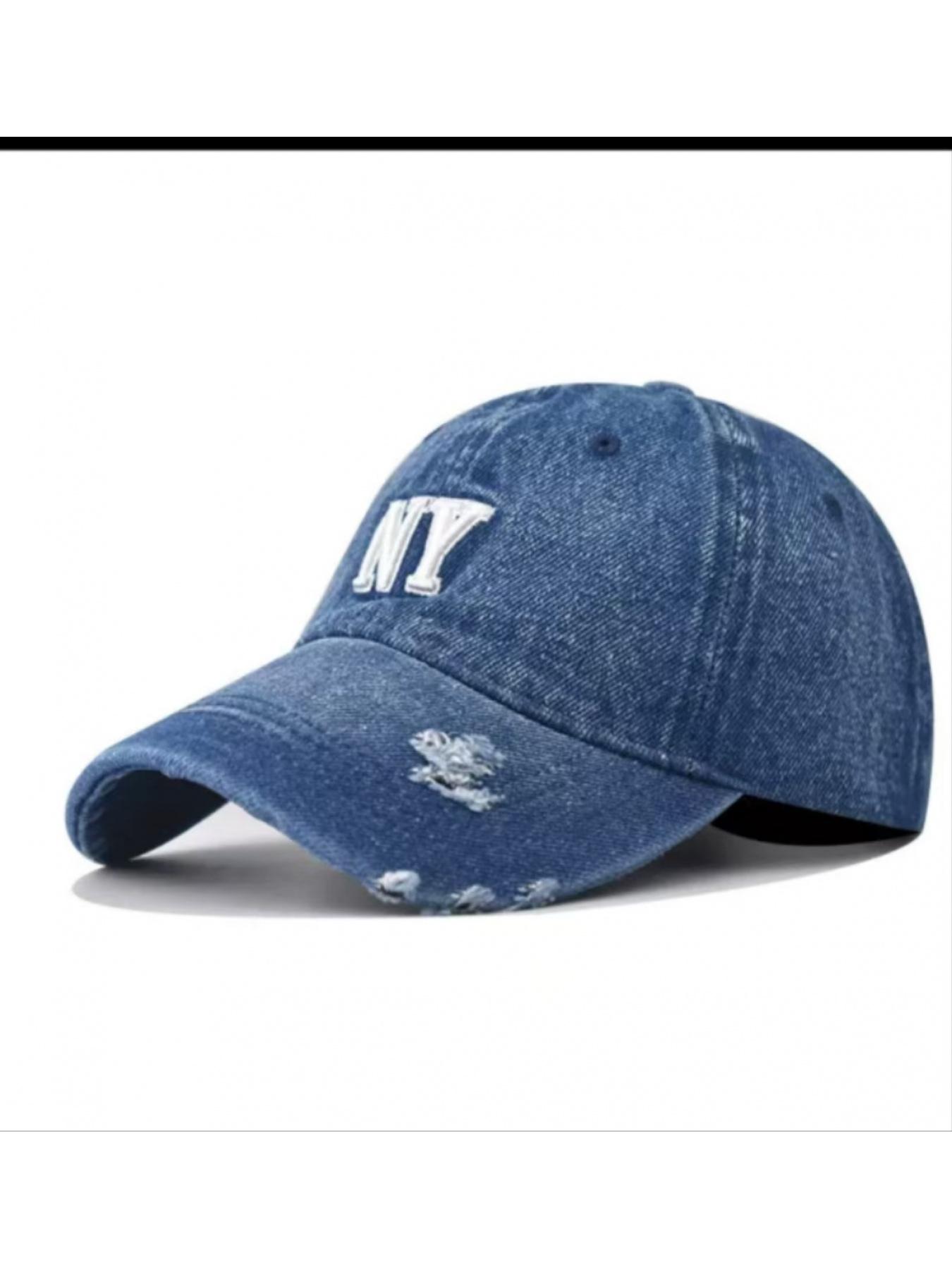 Washed vintage denim baseball cap with NY letter embroidery, versatile unisex peaked hat for all seasons