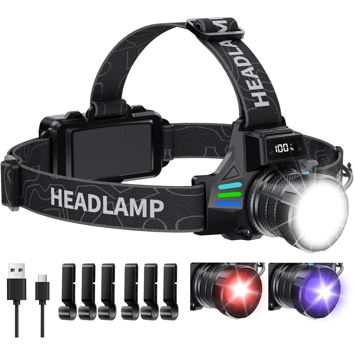 Rechargeable LED Headlamp with White/Red/UV/Black Light, 1080 High Lumens Super Bright, 16 Modes Waterproof Headlight for Hardhat Hunting Pet Urine DetectionGift