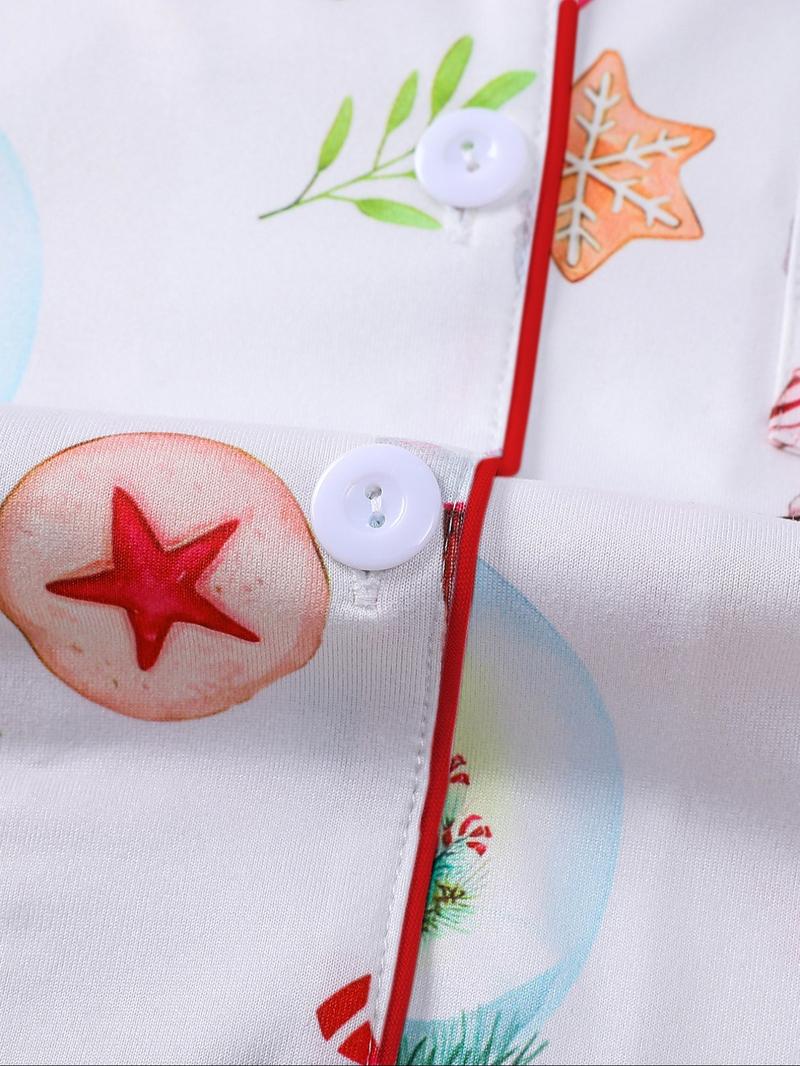 【Christmas Pyjamas】Women's Set, Watercolor Gingerbread Print, Short Sleeve Button Front Top & Elastic Shorts, Casual Home Wear, Loungewear