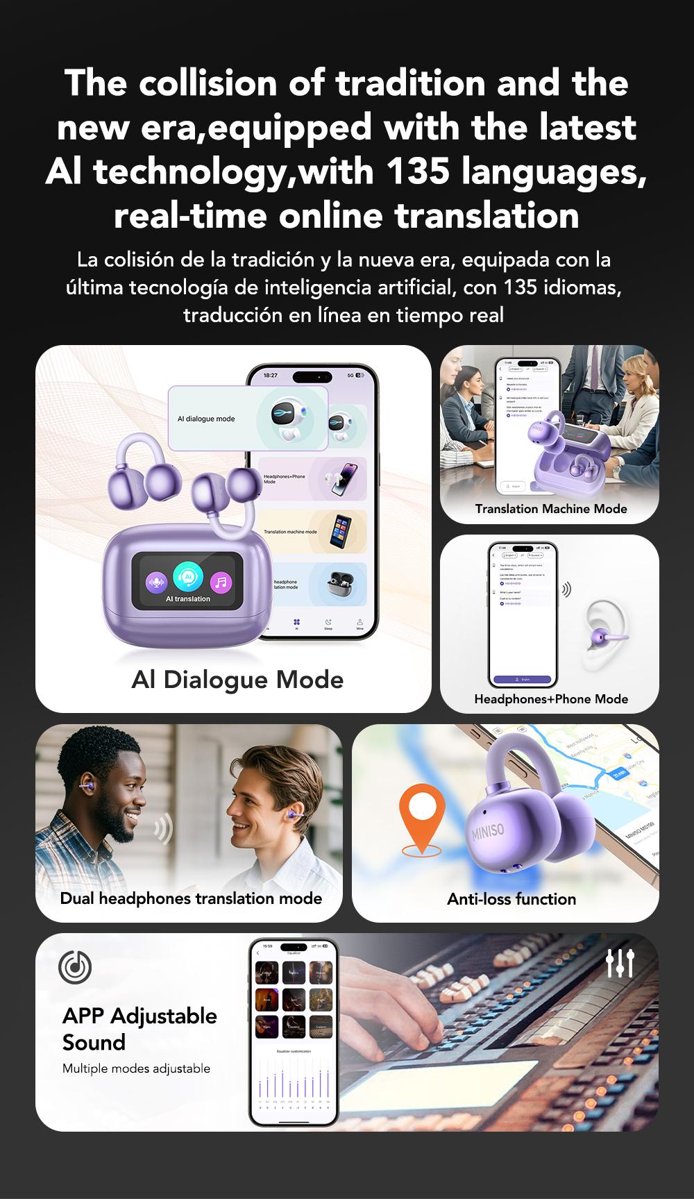 MINISO MS199 Translation Clip On Ear Headphones Full Color Touch Screen, Audio Wireless Headphones Support 135 Languages Real Time Bluetooth Translation Built-in Microphone for Music & Phone Calls,Sport Waterproof & Sweatproof