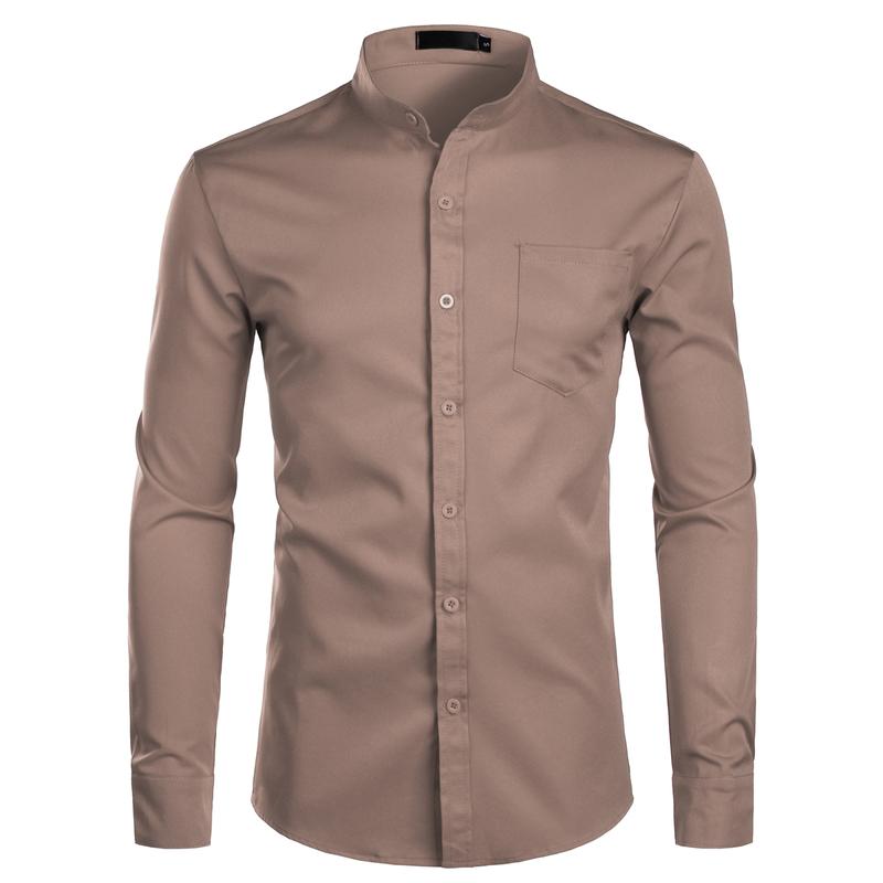 ZEROYAA Men's Red Banded Slim Fit Collar Long Sleeve Casual Button Down Dress Shirts with Chest Pocket Breathable Polyester Fabric Soft Top