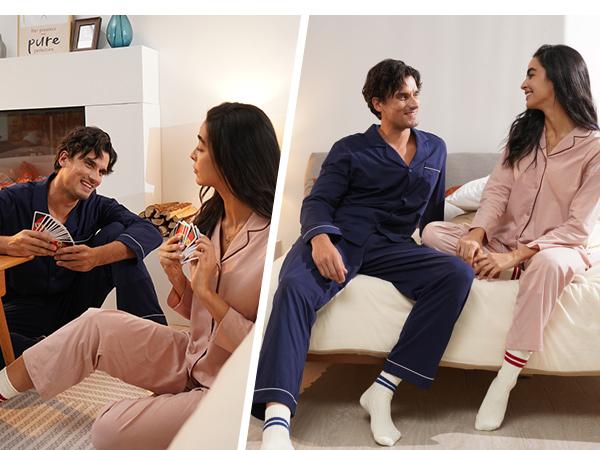 David Archy Couple Cotton Sleepwear Button-Down Pajamas Set for Gifts - Matching Comfort Loungewear with Pockets & Front Fly