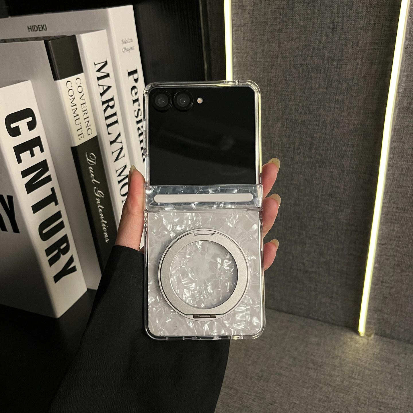 Korean Style Premium Shell-Pattern Center Pivot Stand Case, Flip & Foldable Anti-Drop Protective Cover for Samsung Galaxy Z Flip 7 FE / Z Flip 7 / Z Flip 6 / Z Flip 5