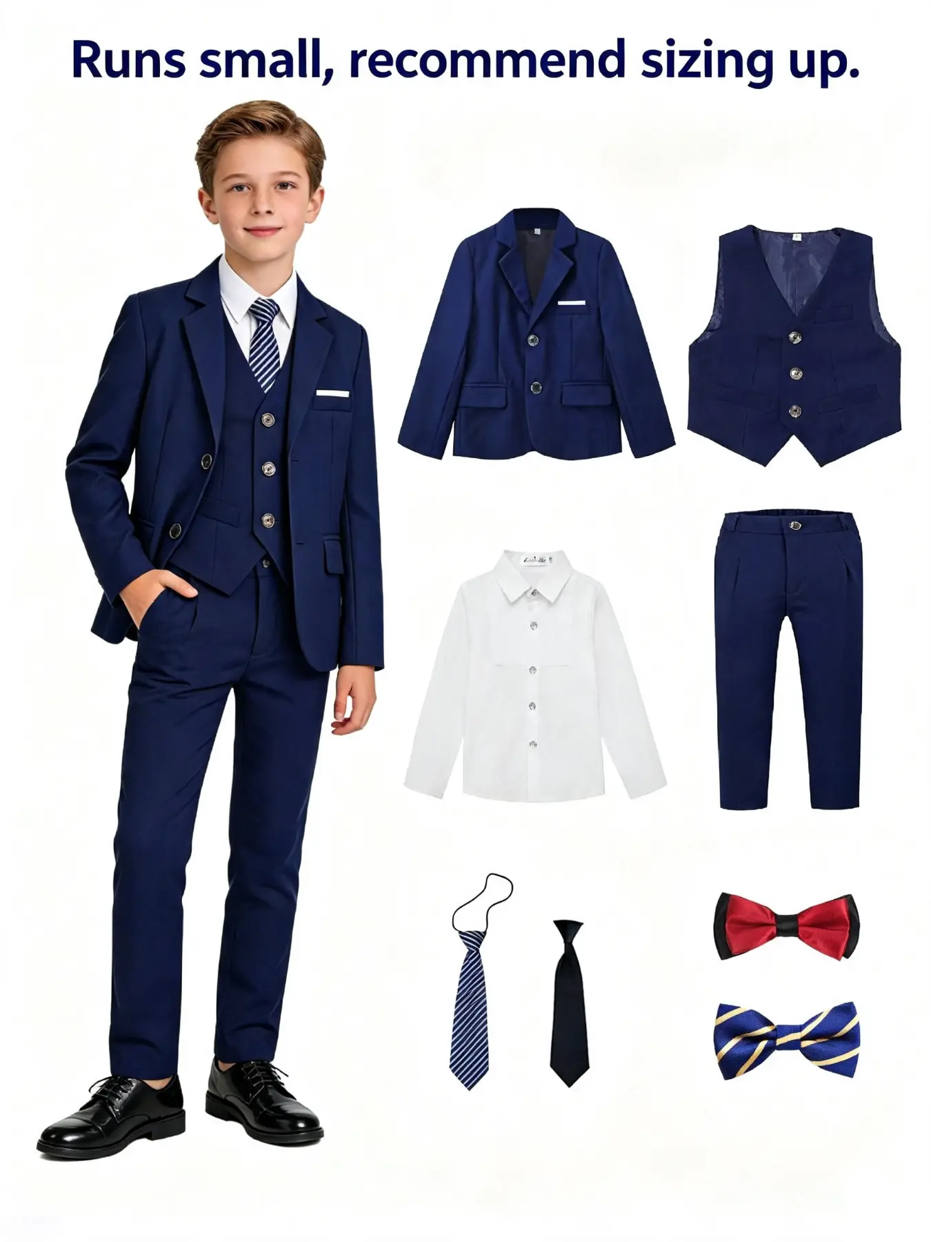 8-Piece Boys Formal Suit Set | Toddler to Teen Slim Fit (Blazer + Shirt + Vest + Pants + 2 Bow Ties + 2 Ties) | Versatile Styling | Ideal for Birthdays, Weddings, Graduations, Coming-of-Age Ceremonies & Formal Occasions | Sizes 100-150cm