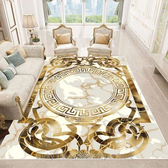 LuxuryGold Marble Greek Key Flannel Area Rug - Ornate Meander Pattern Print Soft Mat for Living Room, Non-Slip Modern Home Decor #LuxuryGoldMarbleRug #GreekKeyMat #ModernHomeDecor #OrnateCarpet #NonSlipFlannelRug
