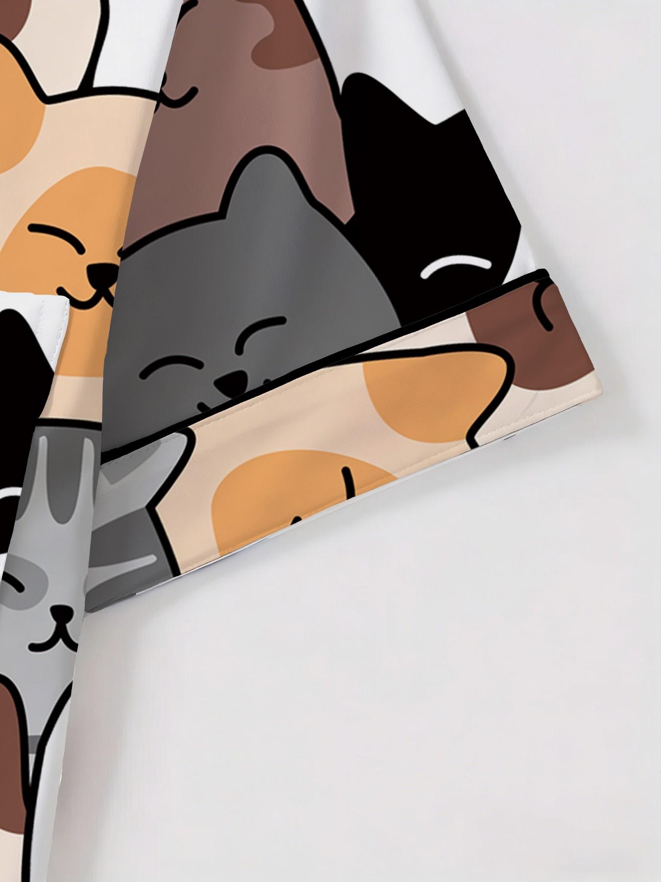 Women's Short Sleeve Button Down Top and Shorts Pajama Set, Spring Summer Wear, For Japanese Kawaii Soft Girls, White Base Soft Cat Head Print, Small Lapel Collar, Slim Fit No Bulk, Comfortable For Daily Home Wear