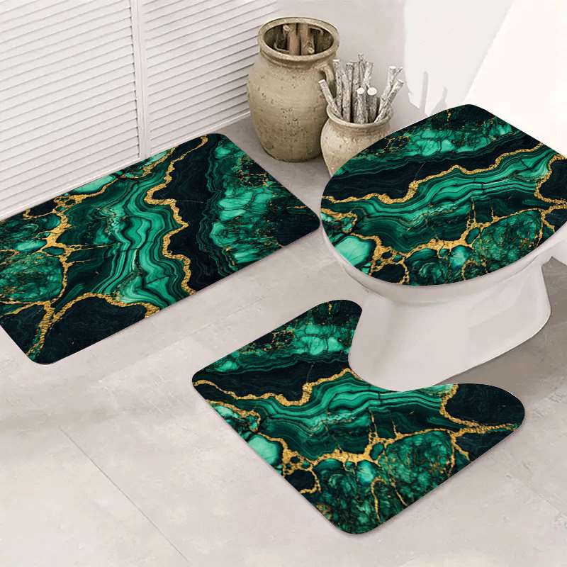 3PCS Luxury Agate Golden Line Bath Rug Set, Flannel Non-Slip Absorbent Mat, Includes U-Shaped Rug and Toilet Lid Cover