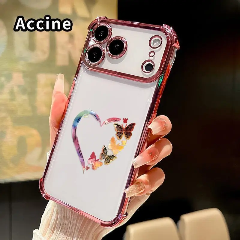 Transparent Electroplated TPU Cellphone Case - Shockproof 4-Corner Drop-Proof Cover with Anti-Slip Surface, Fashionable Heart-Shaped Butterfly Pattern for iPhone 18,17,16 Pro Max,15 Plus,14,13,12,11,E,Air Series