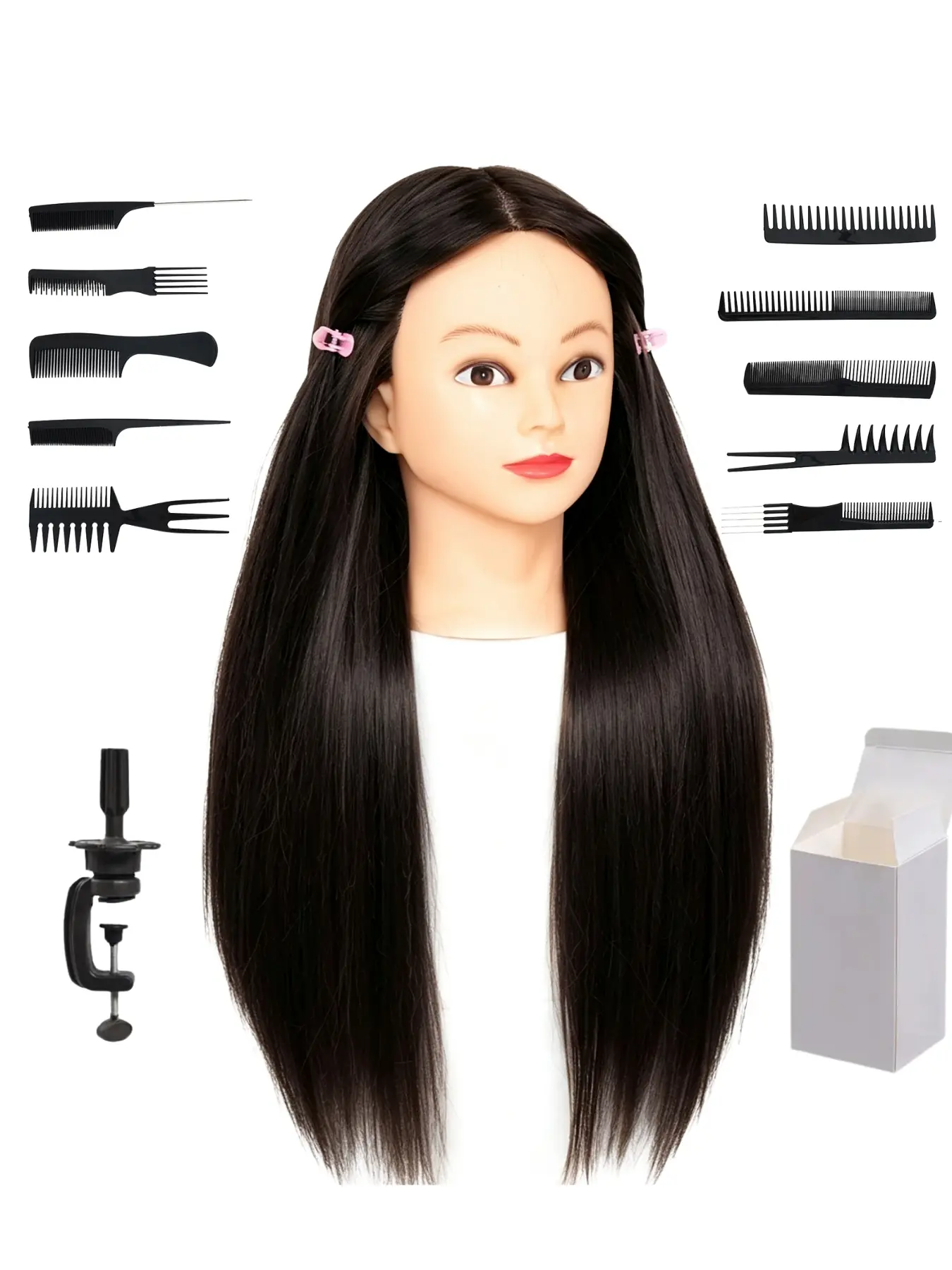 26‑28 Inch Synthetic Hair Mannequin Head 3 Colors Available Light Skin Tone Female Training Manikin Head With Table Clamp Stand And 10 Pcs Hair Comb Kit For Cosmetology Students Practicing Braids Updos And Hairstyling