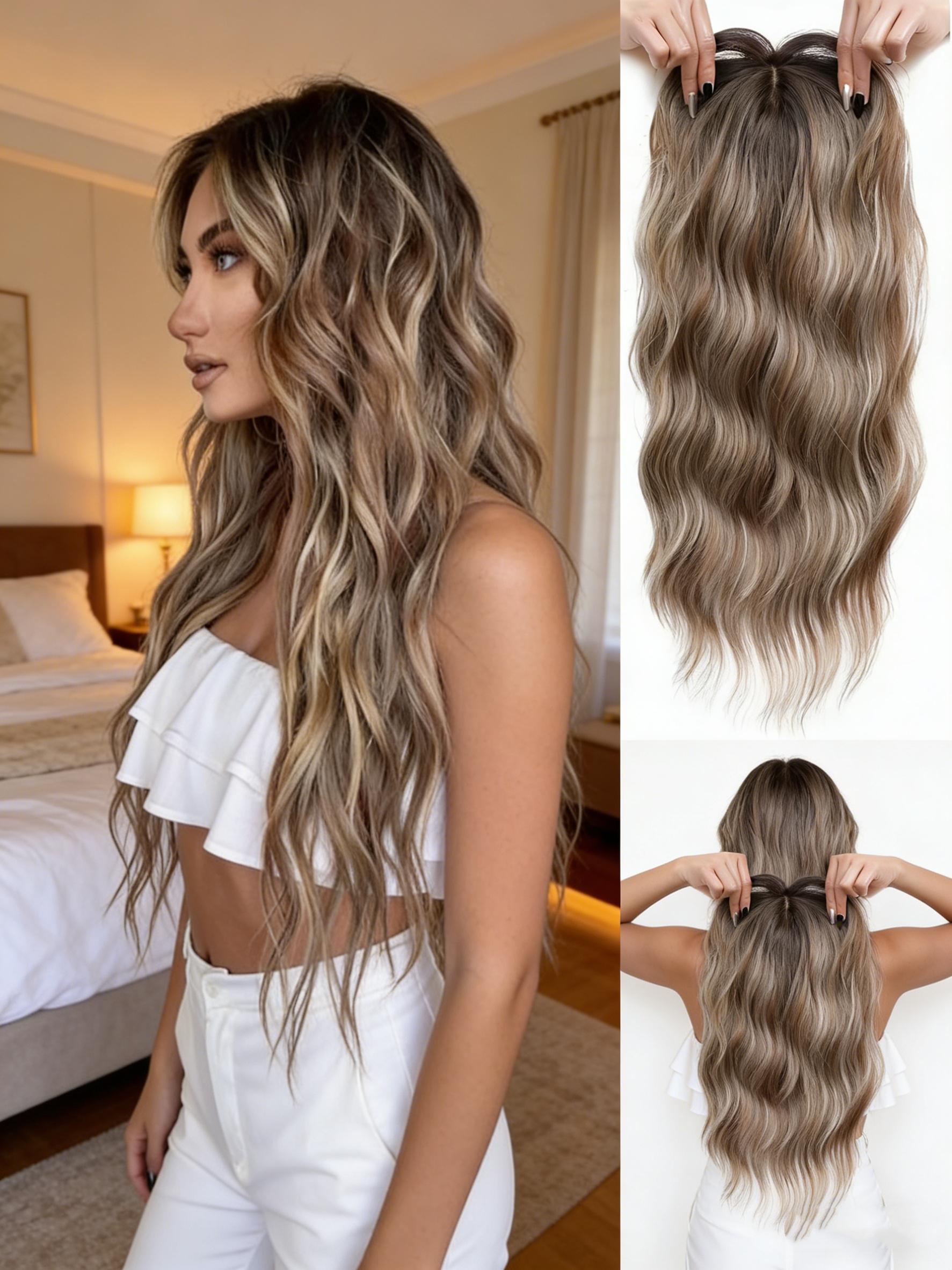 🔥 No More Bad Hair Days! 22" Dark Brown Wavy Clip-In Hair Topper, Invisible Lace Base, Premium Synthetic Hair, Seamless Blend for Thinning Hair & Instant Glam!